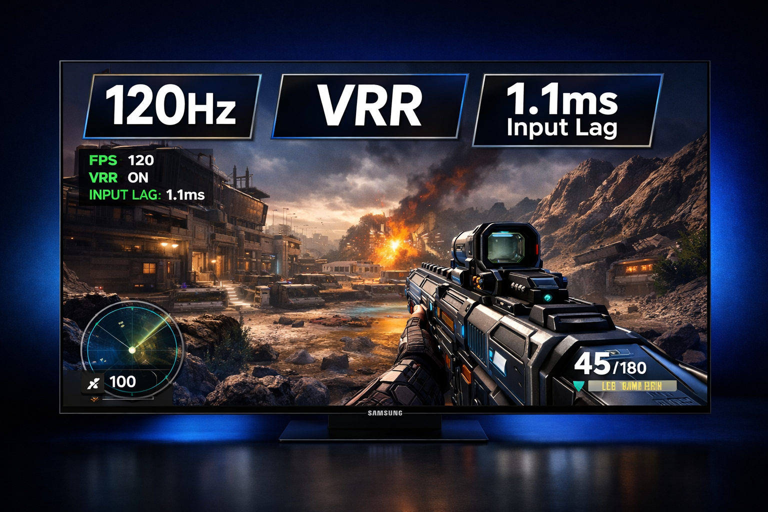 The 5 Best Samsung TV for Gaming 2026: 120Hz, VRR & Lowest Input Lag 1 Close-up editorial photo of a Samsung QN90D Neo QLED TV screen showing crisp 4K gaming visuals at 120Hz, on-screen HUD
