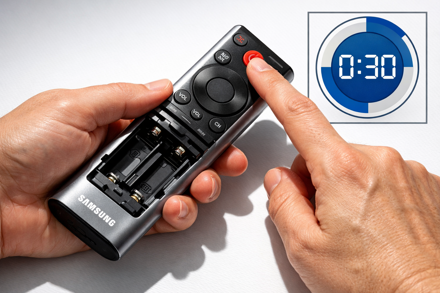 Fix Samsung TV Remote Not Working in 30 Seconds (No Tools) 1 Close-up editorial photograph of two hands performing a battery reset on a Samsung Smart TV remote control — batteries
