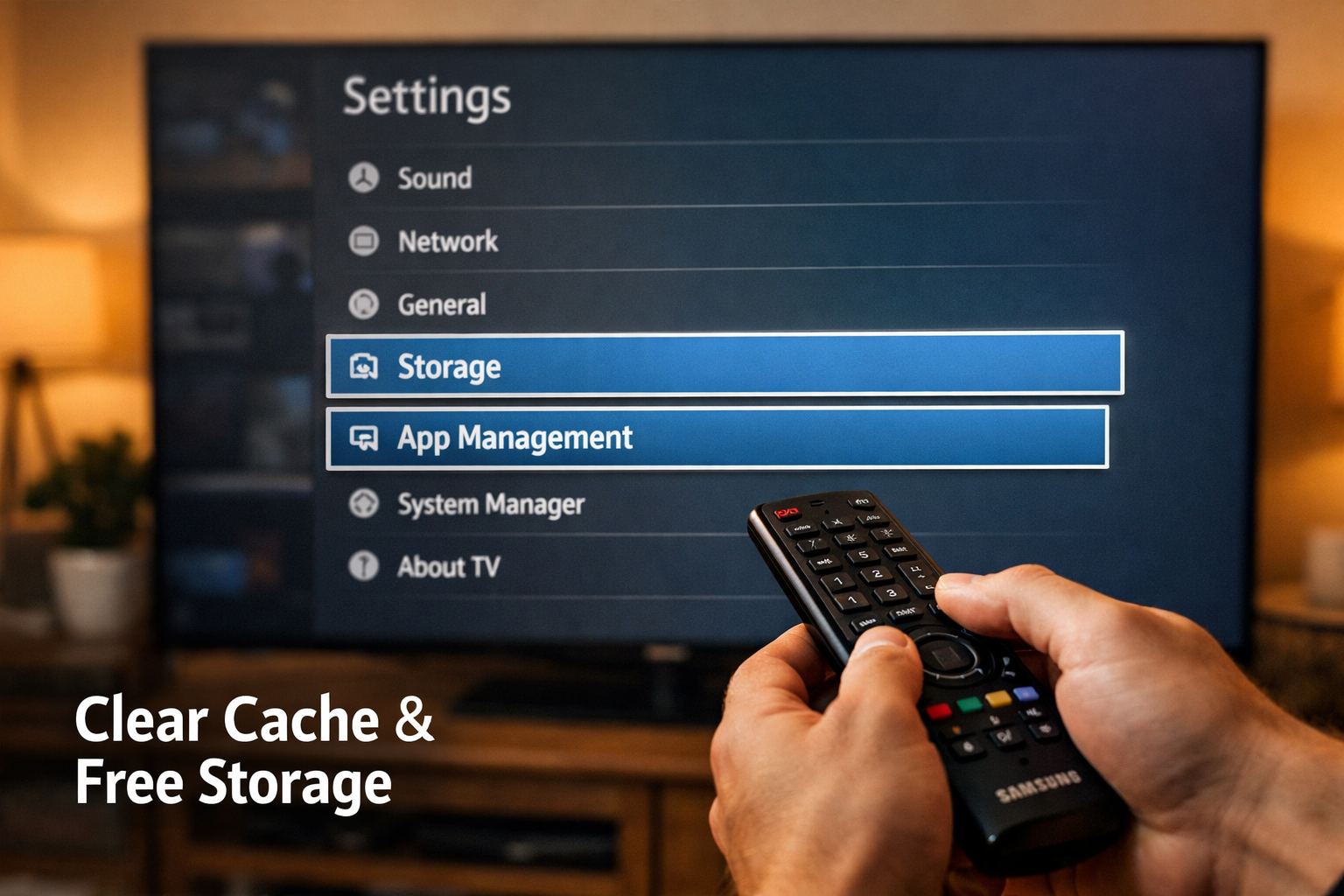 Samsung TV Running Slow? Speed It Up 3X With These 8 Fixes 1 Close-up photograph of hands holding a Samsung TV remote control pointed at a large Samsung smart TV screen showing the