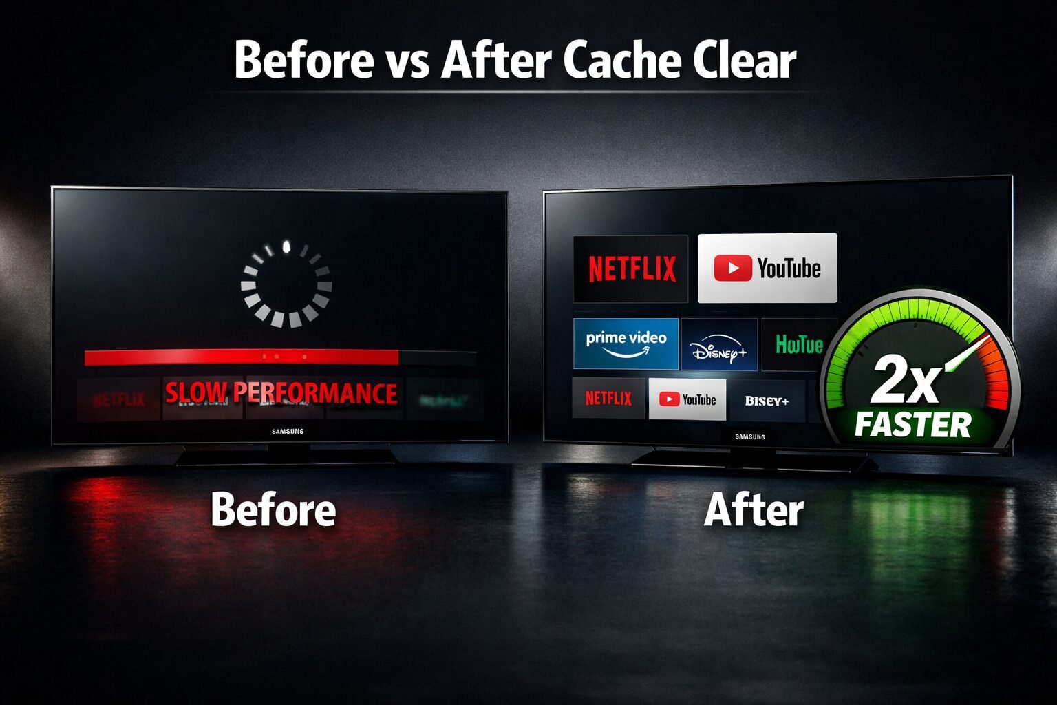 Clear Cache on Samsung TV: Speed It Up 2X in 60 Seconds 2 Detailed () before-and-after comparison scene showing two Samsung TV home screens side by side: left screen shows sluggish