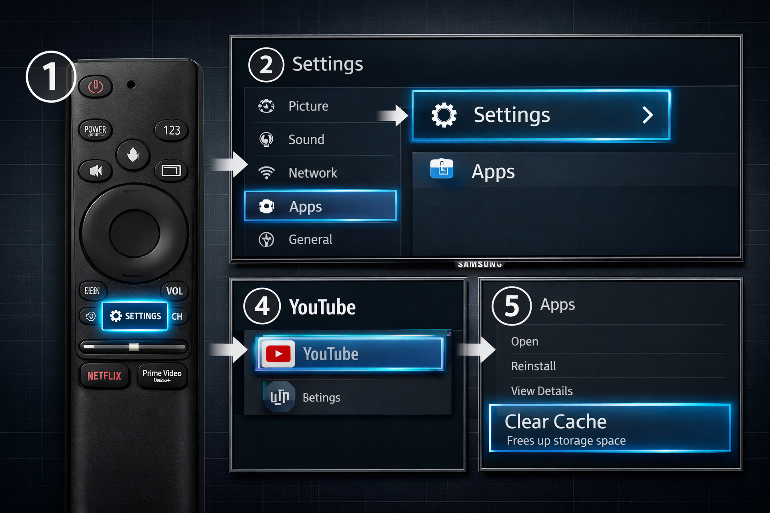 Clear Cache on Samsung TV: Speed It Up 2X in 60 Seconds 1 Detailed () instructional diagram showing a Samsung smart TV remote control with Settings button highlighted in glowing