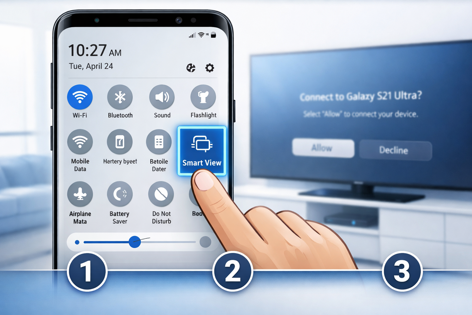 Screen Mirror to Samsung TV: 3-Tap Method (No App Needed) 1 Detailed () instructional illustration showing a close-up of an Android smartphone screen with the Quick Settings panel