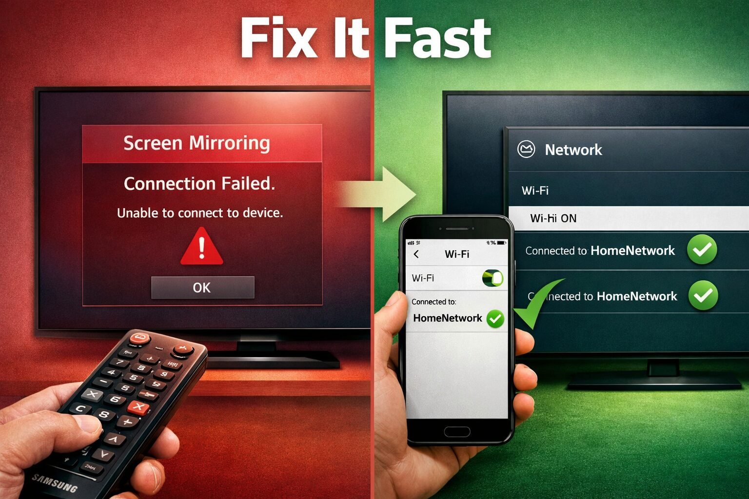 Screen Mirror to Samsung TV: 3-Tap Method (No App Needed) 2 Detailed () split-scene troubleshooting image: left side shows a Samsung TV remote and TV screen displaying 'Screen