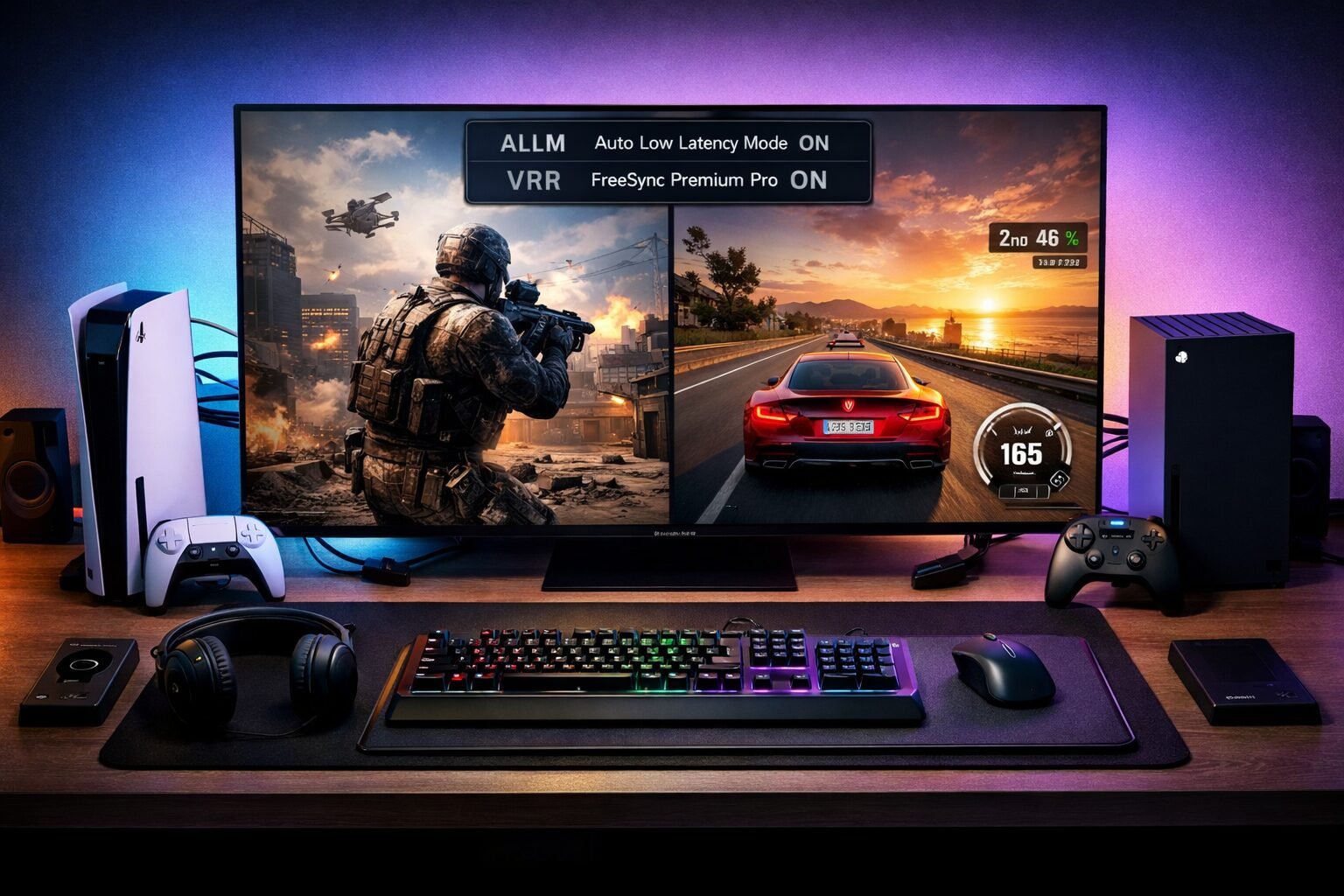 The 5 Best Samsung TV for Gaming 2026: 120Hz, VRR & Lowest Input Lag 3 Gaming setup overhead shot showing a Samsung TV connected to PS5 and Xbox Series X simultaneously, HDMI 2.1 cables visible,