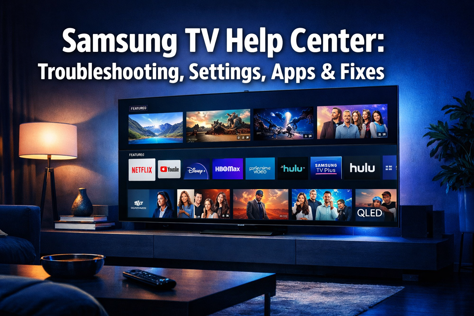 Samsung TV Help Center: Troubleshooting, Settings, Apps & Fixes 1 Professional () hero image with : 'Samsung TV Help Center: Troubleshooting, Settings, Apps & Fixes' in extra large white