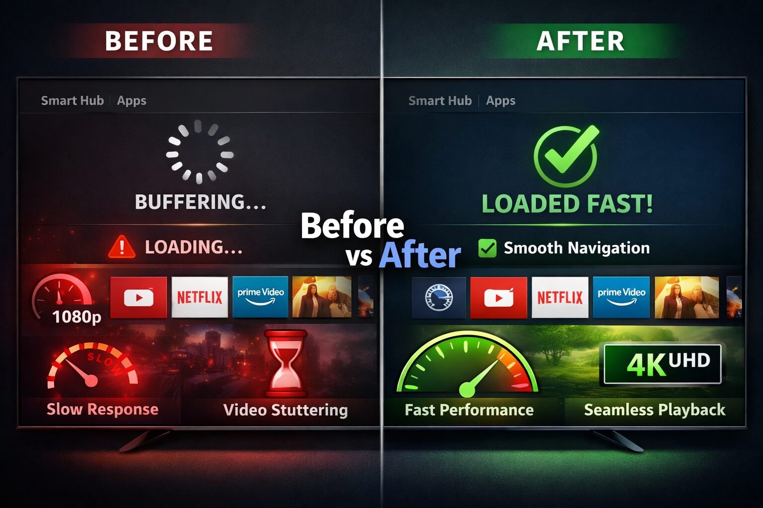 Samsung TV Running Slow? Speed It Up 3X With These 8 Fixes 3 Split-screen infographic style image: left side shows a sluggish Samsung TV interface with buffering icons and lag
