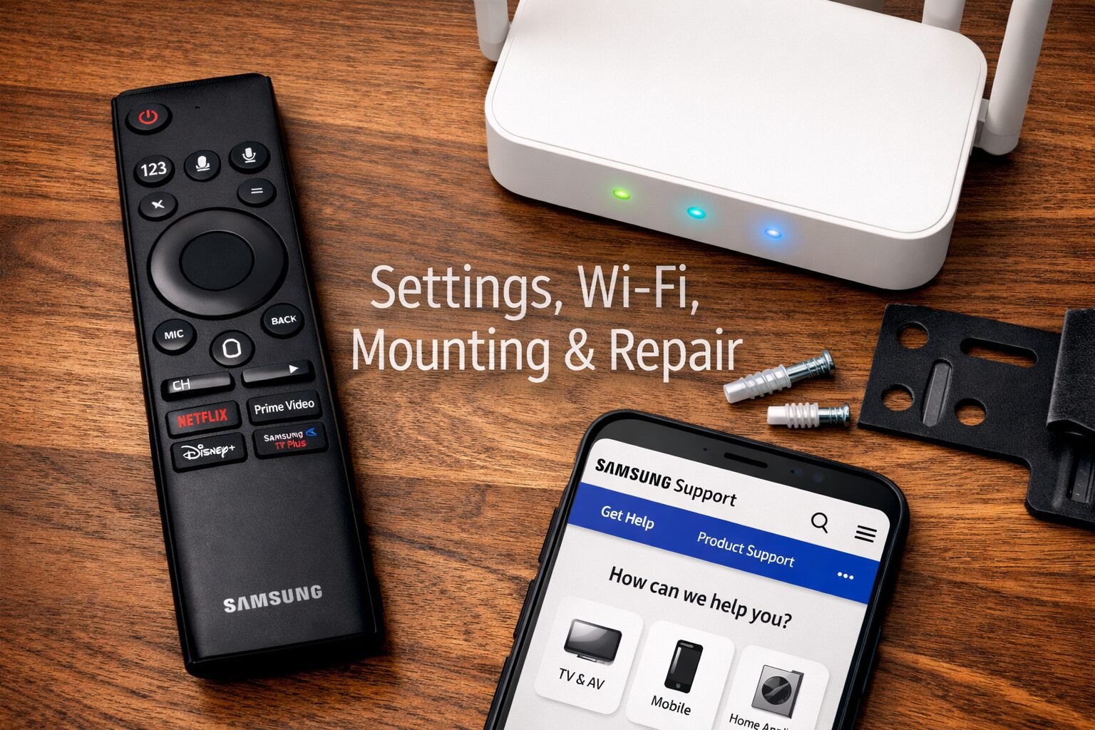 Samsung TV Help Center: Troubleshooting, Settings, Apps & Fixes 3 () close-up overhead shot of a Samsung TV remote control resting on a wooden surface beside a Wi-Fi router with glowing