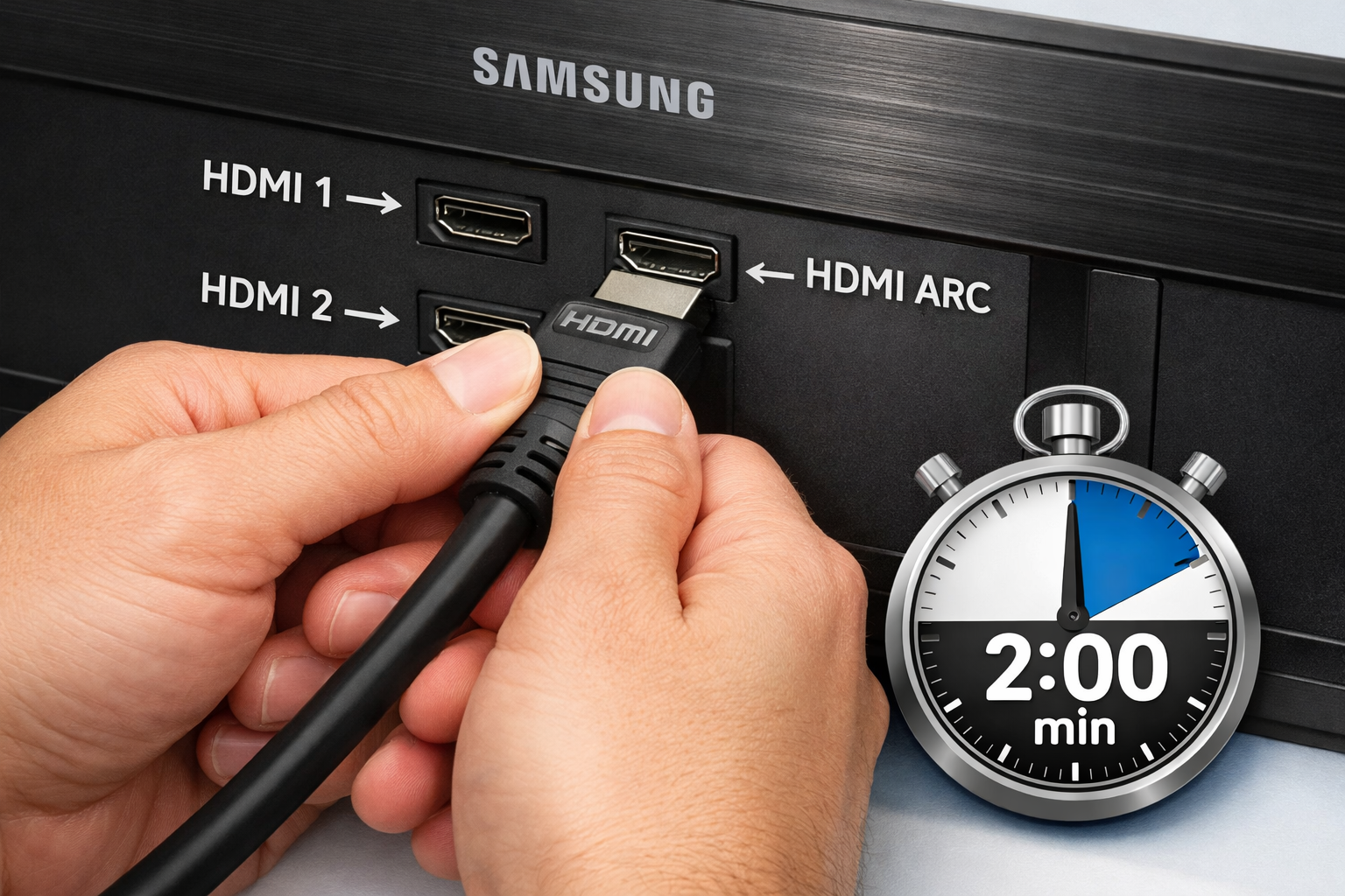 Fix Samsung TV HDMI Not Working: No Signal in 2 Minutes 1 () editorial illustration showing a close-up overhead view of hands firmly pressing an HDMI cable into the back of a Samsung