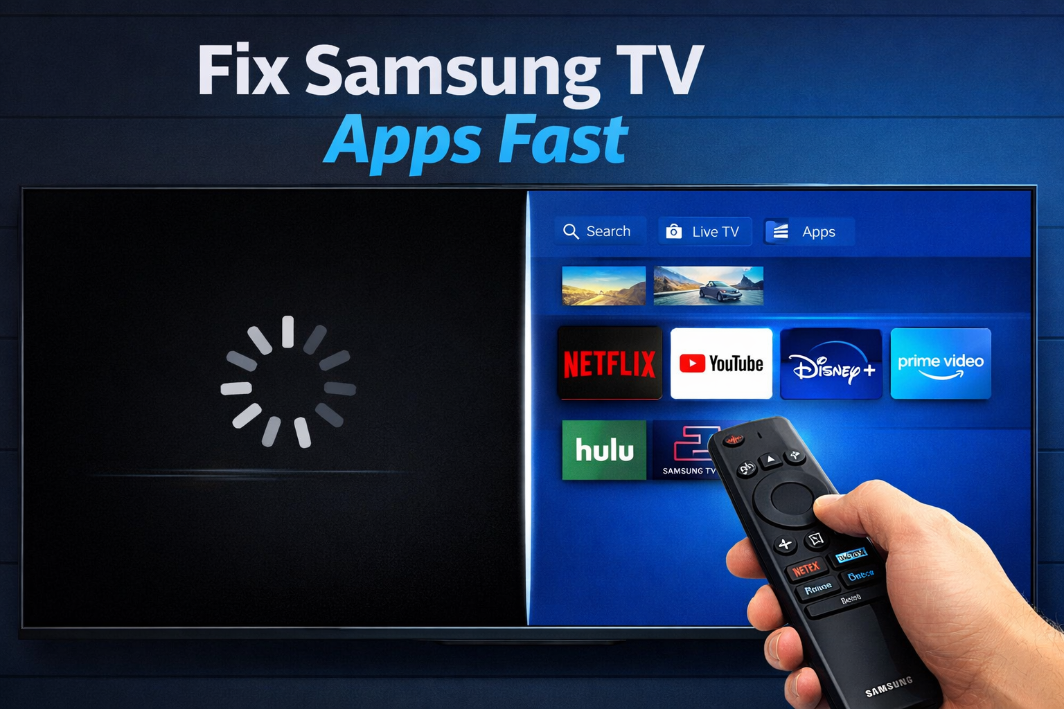 Samsung TV Help Center: Troubleshooting, Settings, Apps & Fixes 2 () editorial illustration showing a split-screen Samsung smart TV display: left half shows a spinning loading icon and black