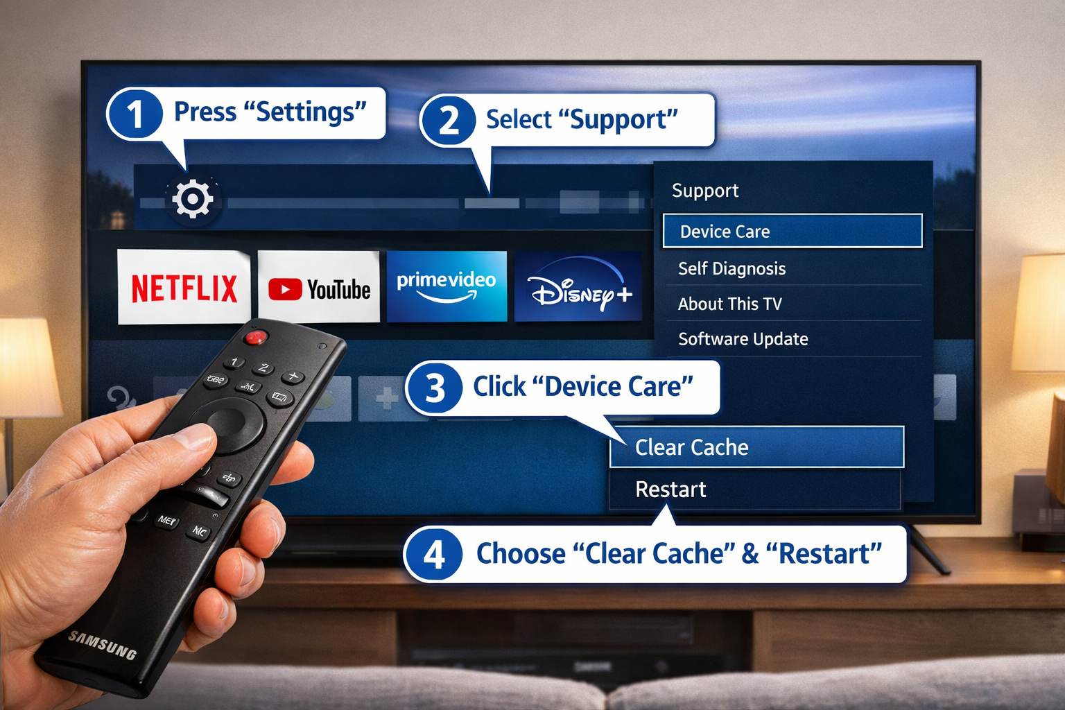 Samsung TV Apps Not Working? 9 Fixes That Actually Work (2026) 2 () instructional illustration showing a close-up of Samsung smart TV remote control being held by a hand, pointing at a