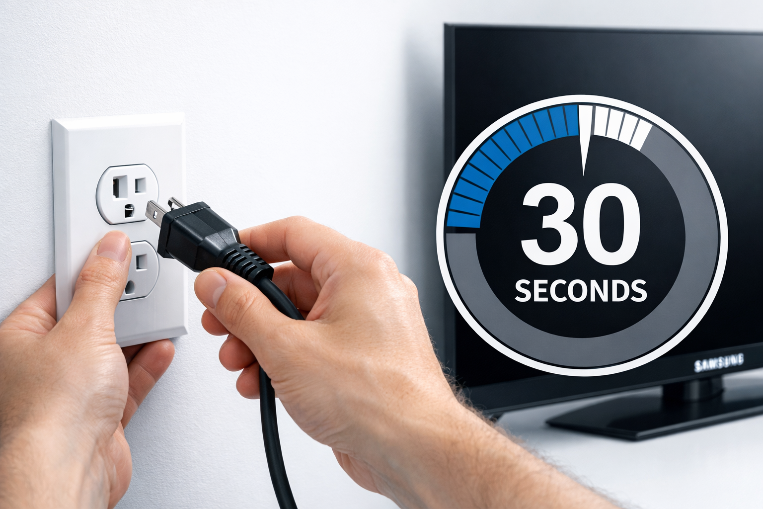 How to Fix Samsung TV black screen 1 Detailed () showing a close-up of hands unplugging a Samsung TV power cord from a wall outlet, with a visible 30-second