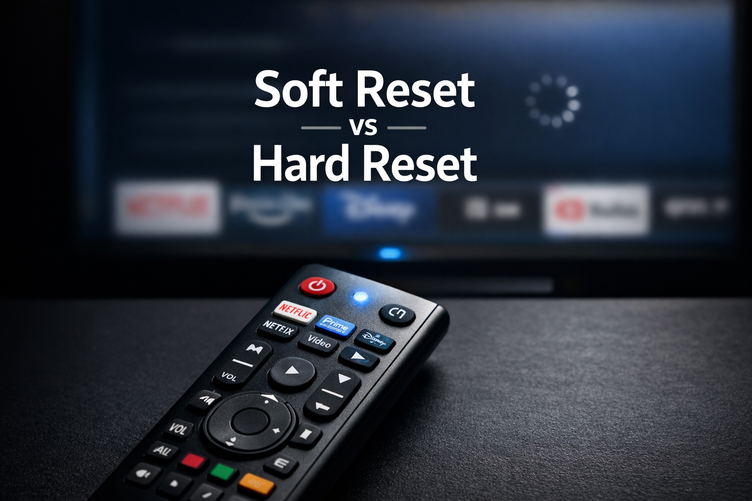Reset Your Samsung TV Now: Fix Freezing, Apps & Glitches Instantly 1 Close-up flat-lay overhead shot of a Samsung TV remote control on a dark surface, with a blurred Samsung television in the