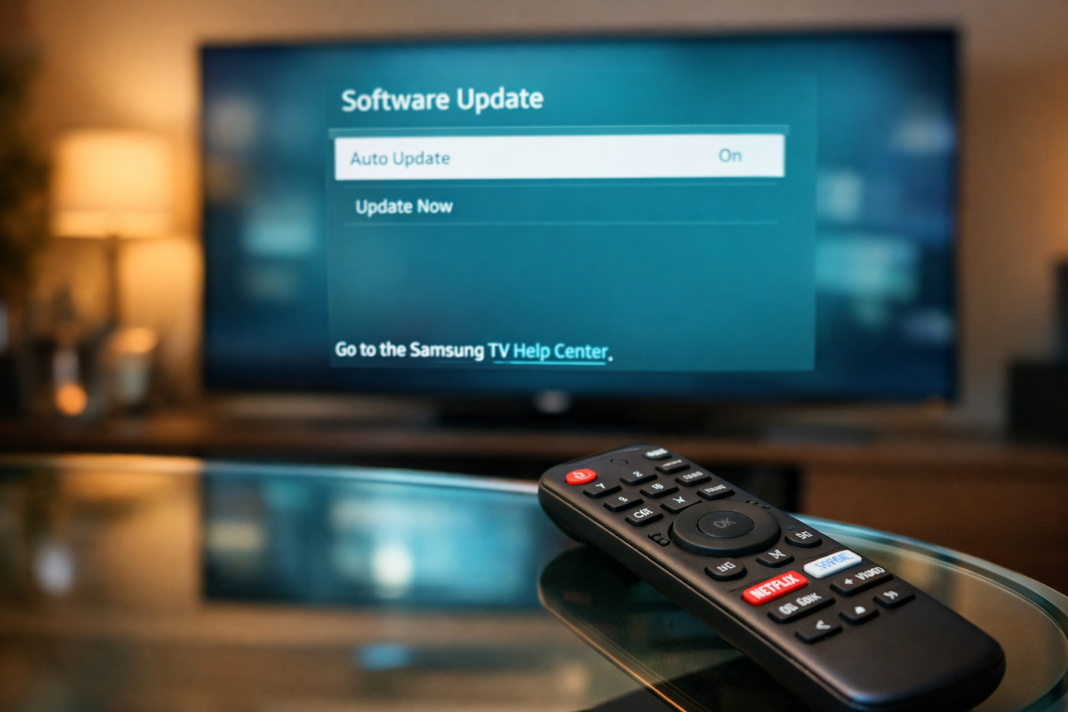 Don't Skip This: Update Your Samsung TV for Faster Performance 1 Close-up editorial photograph of a Samsung TV remote control resting on a glass coffee table, with a blurred Samsung TV in