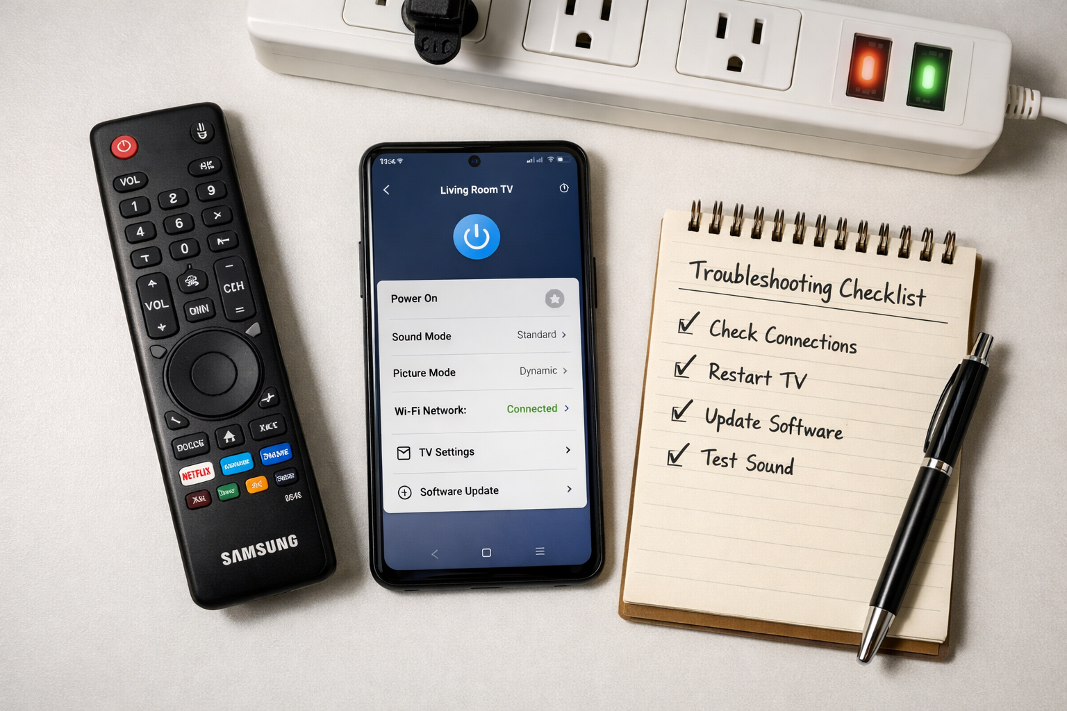 Samsung TV Keeps Turning Off? Stop It Permanently With These Fixes 1 Close-up overhead flat-lay of a Samsung TV remote control next to a power strip with visible indicator lights, a smartphone