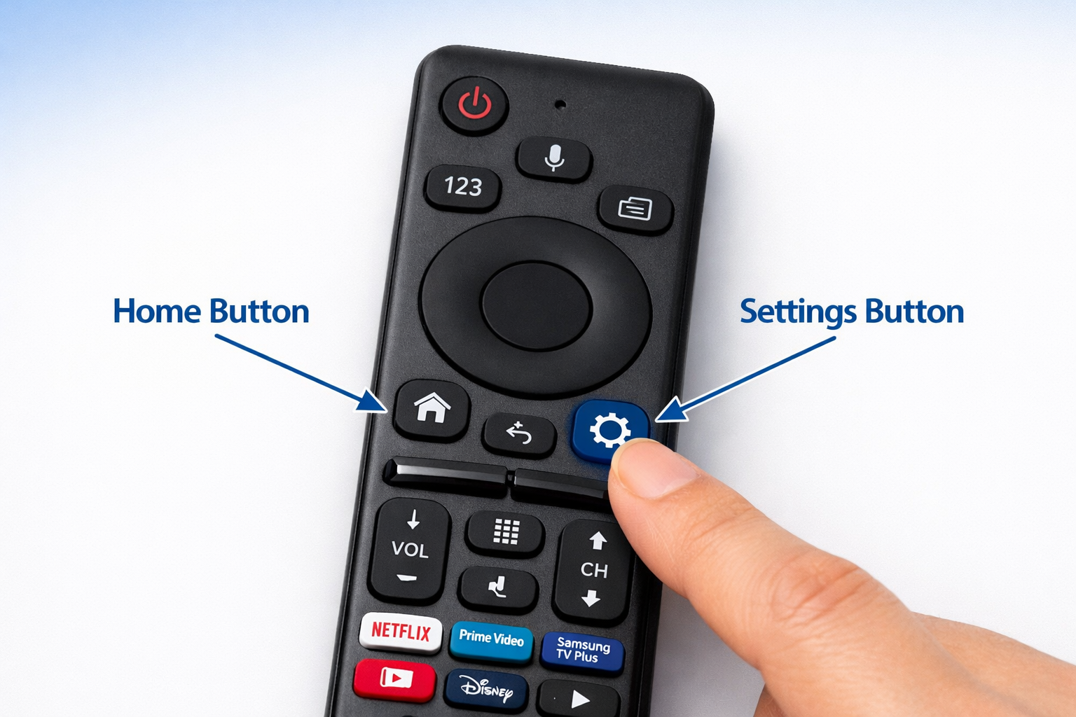 Where Are Samsung TV Settings? Find Any Menu in 5 Seconds 1 Close-up overhead shot of a Samsung TV remote control with highlighted Home and Settings buttons, hand pointing to the gear