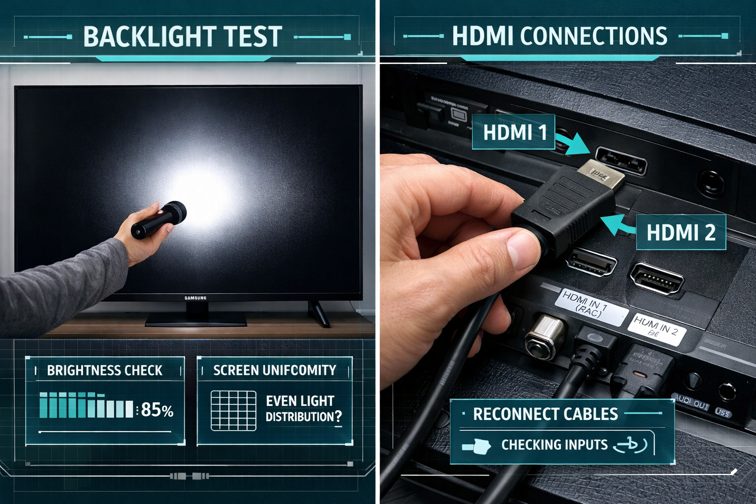 How to Fix Samsung TV black screen 2 Detailed () showing a split-screen comparison: left side displays a person shining a flashlight at a Samsung TV screen to