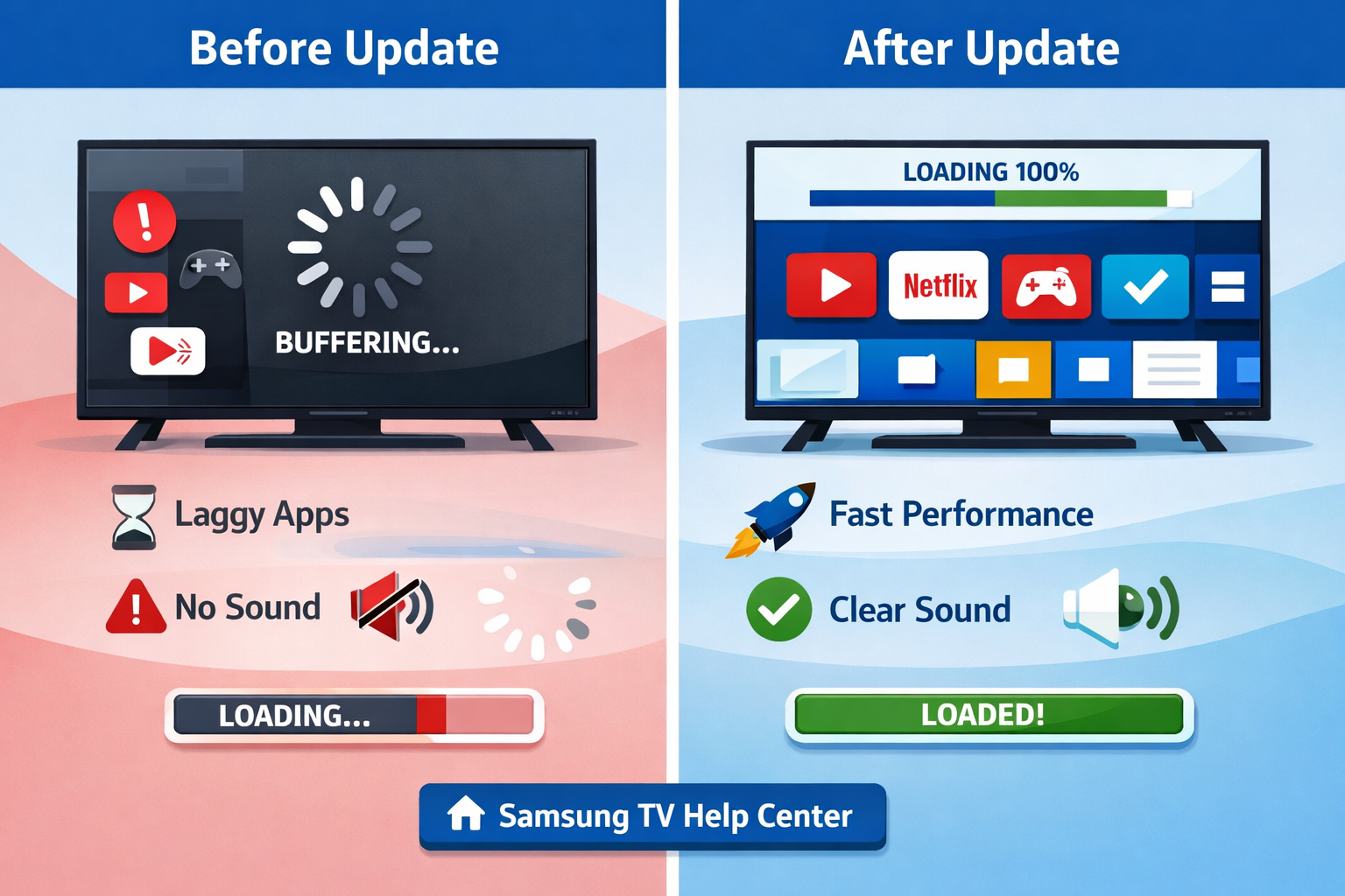 Don't Skip This: Update Your Samsung TV for Faster Performance 2 Split-screen infographic illustration showing two Samsung TV performance states: left side labeled 'Before Update' with slow
