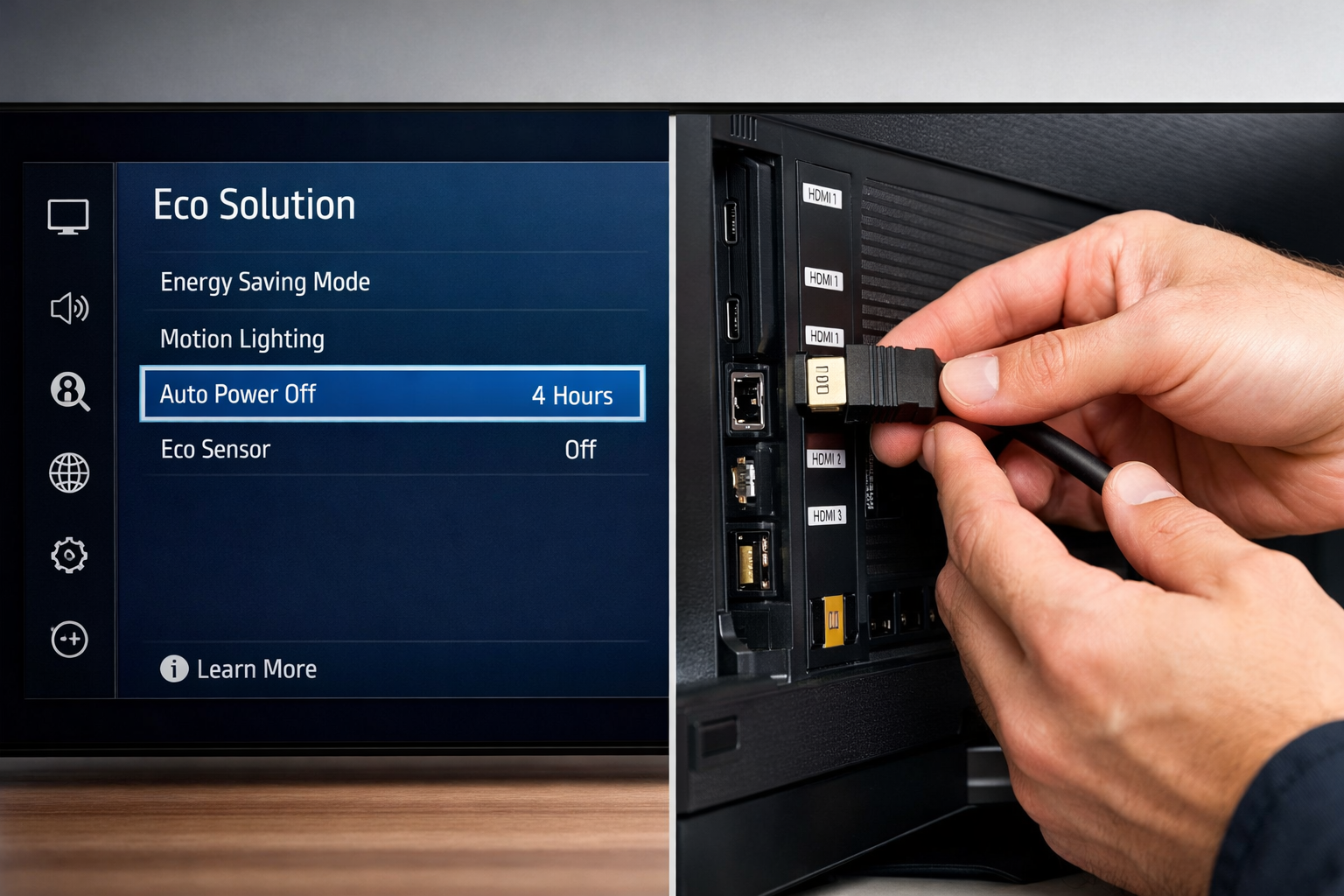 Samsung TV Keeps Turning Off? Stop It Permanently With These Fixes 3 Split-screen landscape image: left side shows Samsung TV settings menu on screen with 'Eco Solution' and 'Auto Power Off'