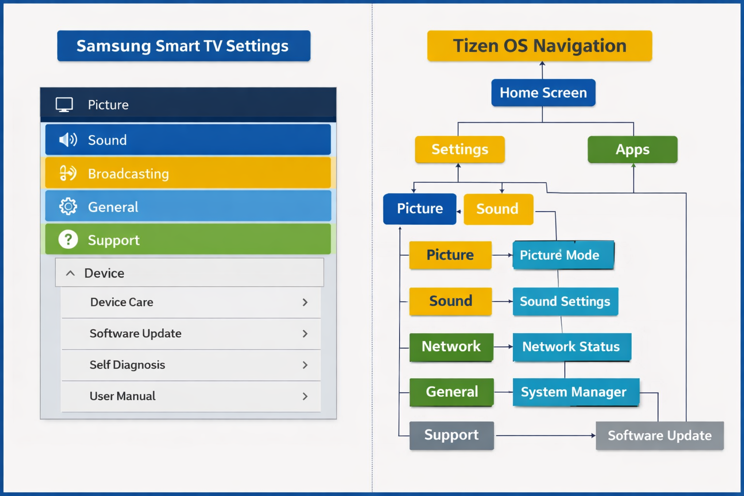 Where Are Samsung TV Settings? Find Any Menu in 5 Seconds 2 Split-screen infographic showing Samsung Smart TV settings menu hierarchy on left panel versus Tizen OS navigation flowchart