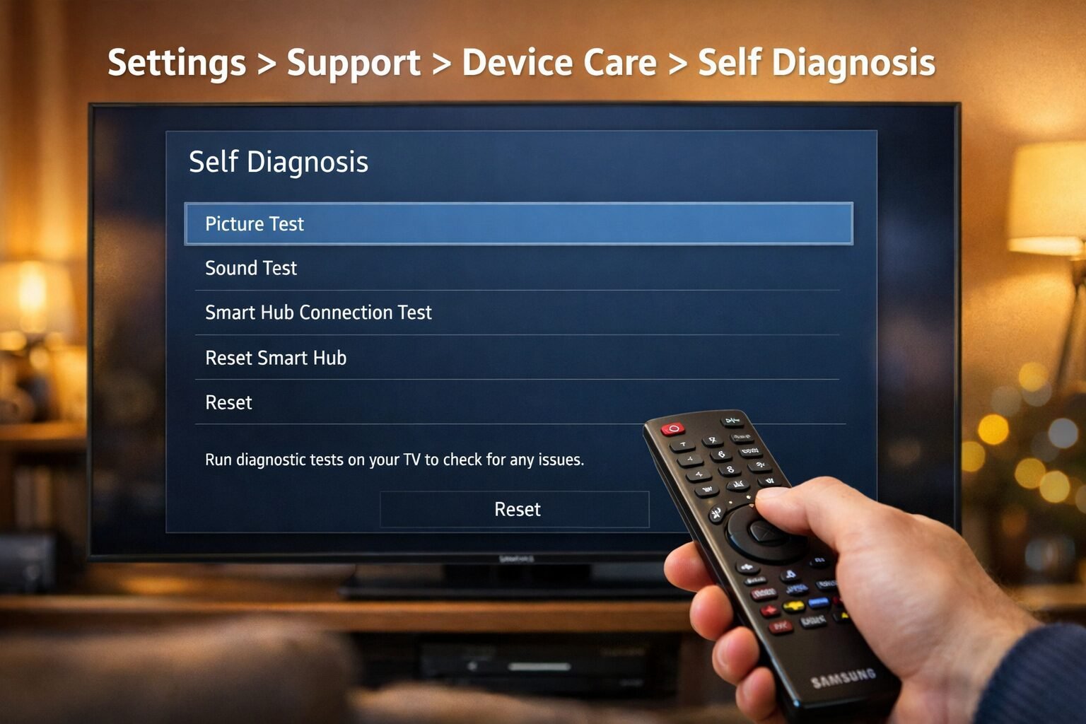 How to Fix Samsung TV black screen 3 Detailed () showing a Samsung TV settings menu on screen displaying the Self Diagnosis pathway (Settings > Support > Device