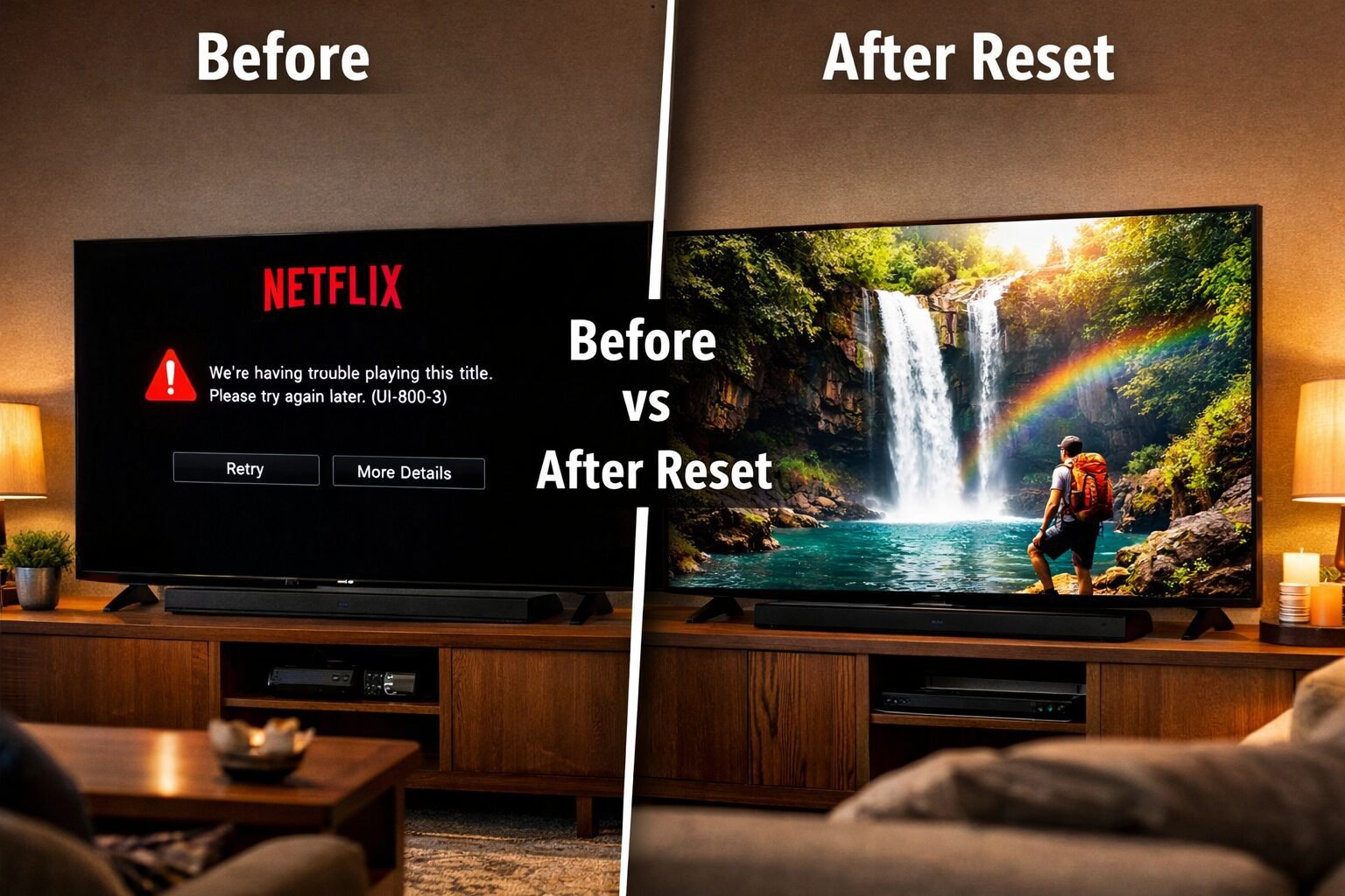 Reset Your Samsung TV Now: Fix Freezing, Apps & Glitches Instantly 3 Split-screen comparison image: left side shows Samsung TV screen with frozen Netflix app and error message in red, right