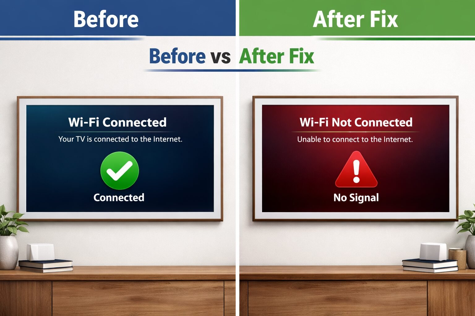 Samsung TV Won't Connect to Wi-Fi? Connect in 2 Minutes 3 () split-screen comparison showing left side: Samsung TV displaying successful Wi-Fi connected confirmation screen with