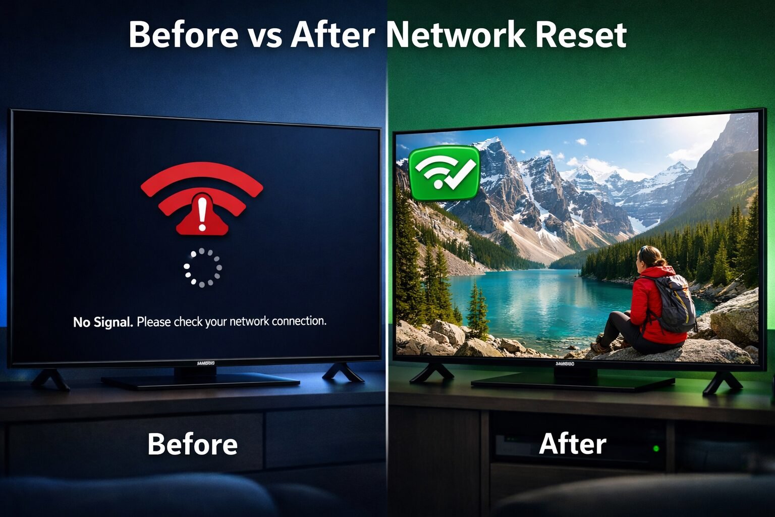 Reset Samsung TV Network Settings: Fix Wi-Fi in 30 Seconds 2 () split-screen comparison image: left side shows a Samsung TV screen with a red Wi-Fi disconnected icon and buffering