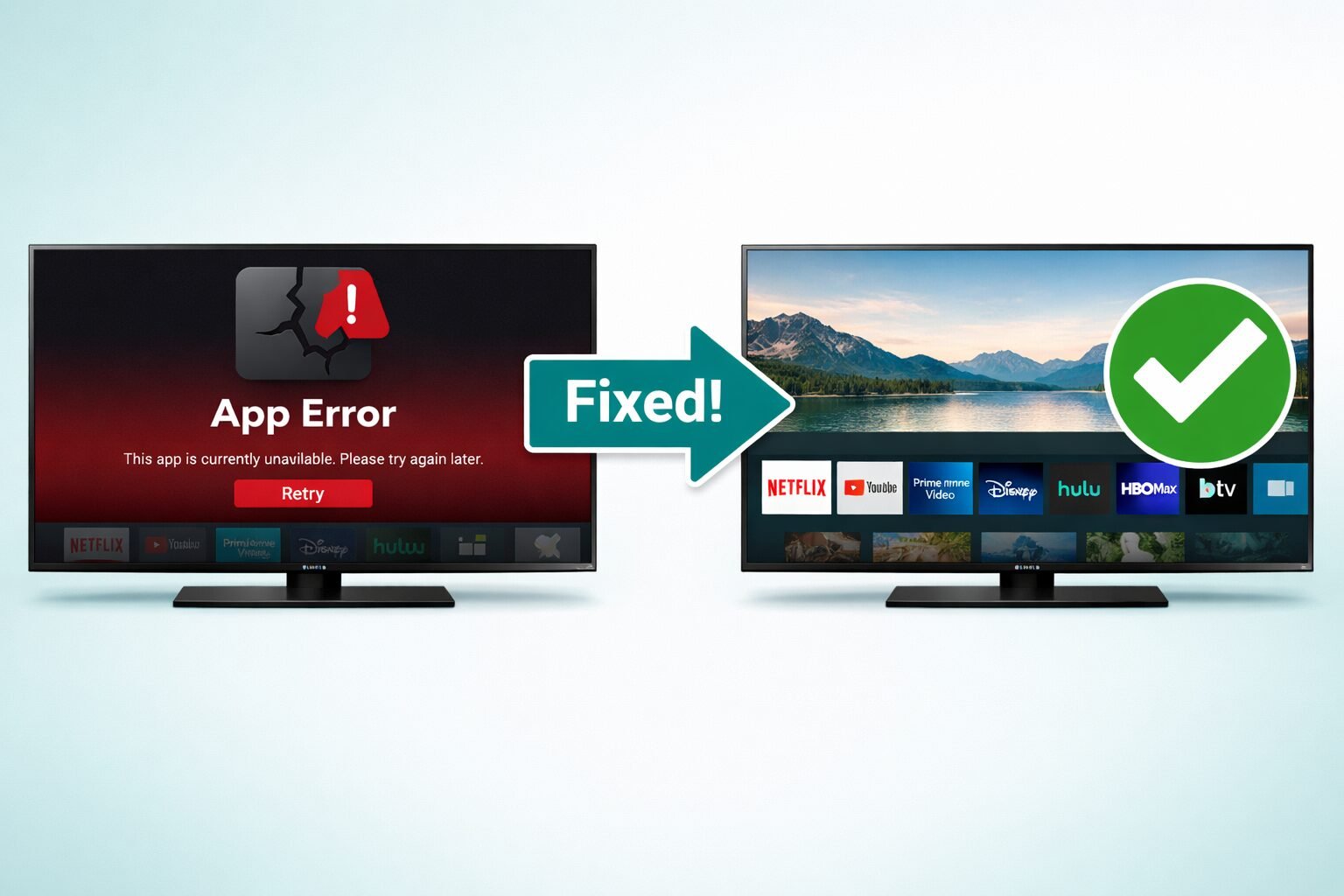 Samsung TV Apps Not Working? 9 Fixes That Actually Work (2026) 3 () split-screen comparison image: left side shows a Samsung TV screen with a red error message and broken app icon