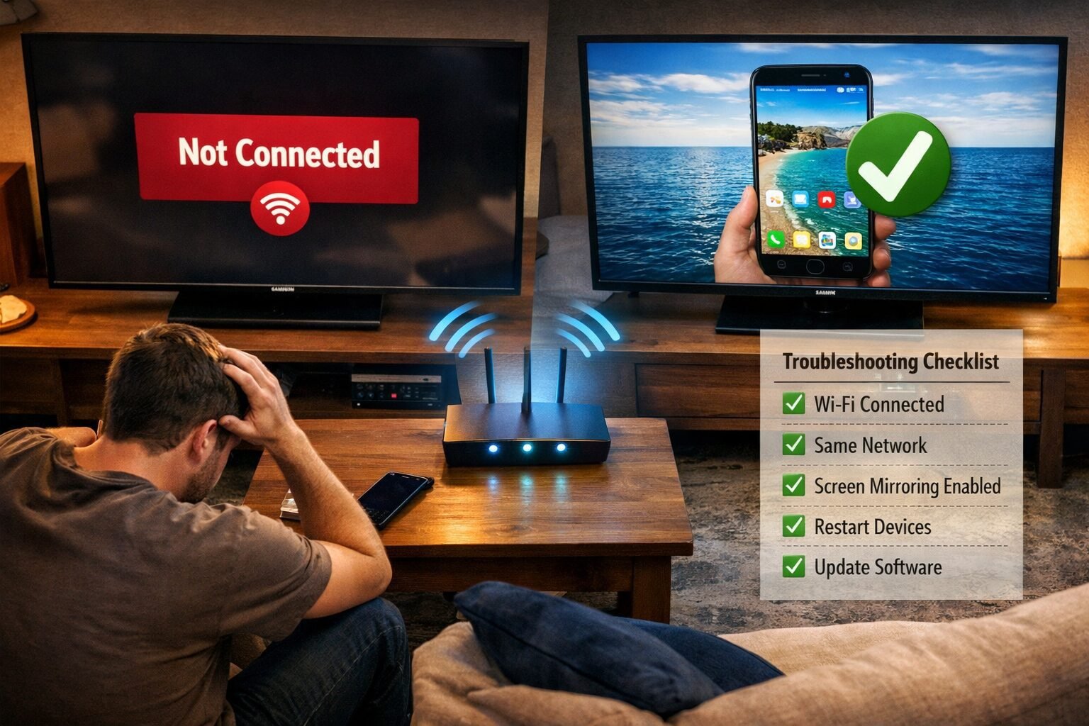 Cast Android to Samsung TV: Mirror Your Phone in 5 Seconds 2 () troubleshooting visual showing a split-screen composition: left side shows a frustrated user looking at a Samsung TV with