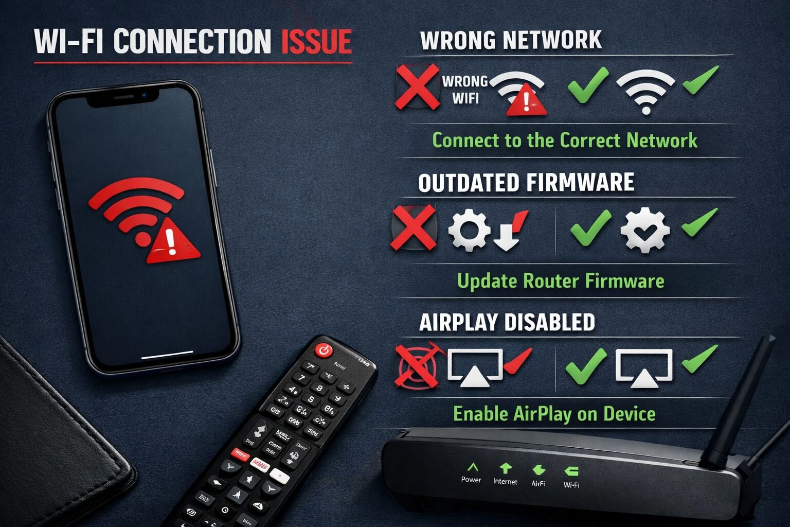 Cast iPhone to Samsung TV: Fix AirPlay Issues in 60 Seconds 2 () troubleshooting visual showing a top-down desk view with an iPhone displaying a Wi-Fi error icon, a Samsung TV remote,
